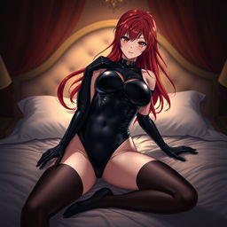 A sexy anime girl with long, flowing red hair and voluptuous figure, wearing a sleek black latex bodysuit that hugs her curves perfectly