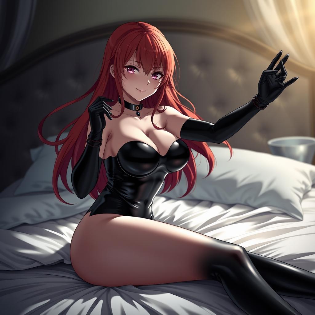 A sexy anime girl with long, flowing red hair and voluptuous figure, wearing a sleek black latex bodysuit that hugs her curves perfectly