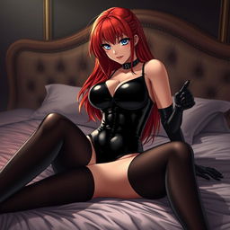 A sexy anime girl with long, flowing red hair and voluptuous figure, wearing a sleek black latex bodysuit that hugs her curves perfectly