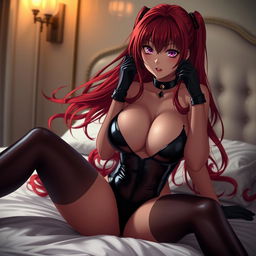 A sexy anime girl with long, flowing red hair and voluptuous figure, wearing a sleek black latex bodysuit that hugs her curves perfectly