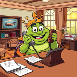 A cartoon-style illustration of King Wart, also known as Mamu, making a phone call in a stylish office setting