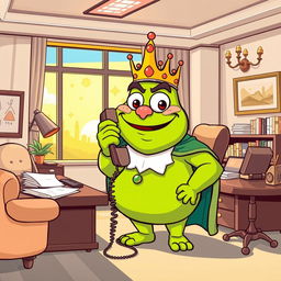 A cartoon-style illustration of King Wart, also known as Mamu, making a phone call in a stylish office setting