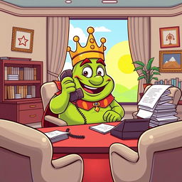 A cartoon-style illustration of King Wart, also known as Mamu, making a phone call in a stylish office setting