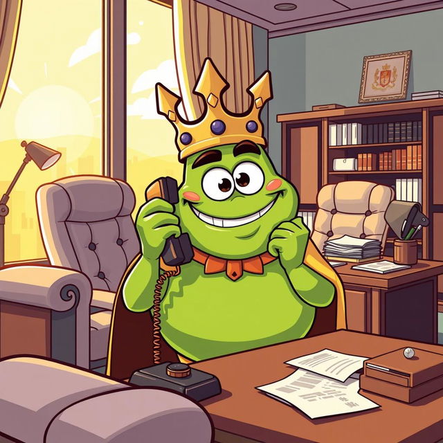 A cartoon-style illustration of King Wart, also known as Mamu, making a phone call in a stylish office setting