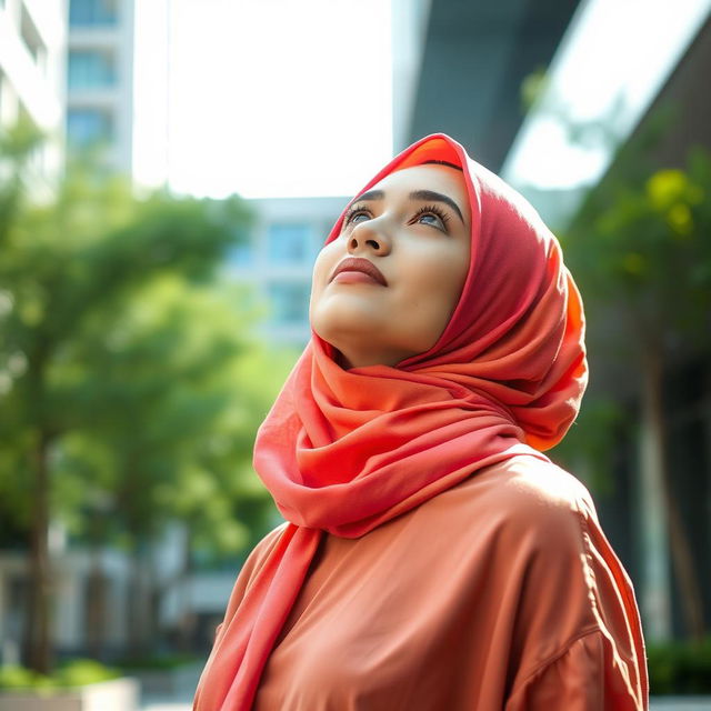 A stylish hijab-wearing woman looking upwards, showcasing her confidence and beauty