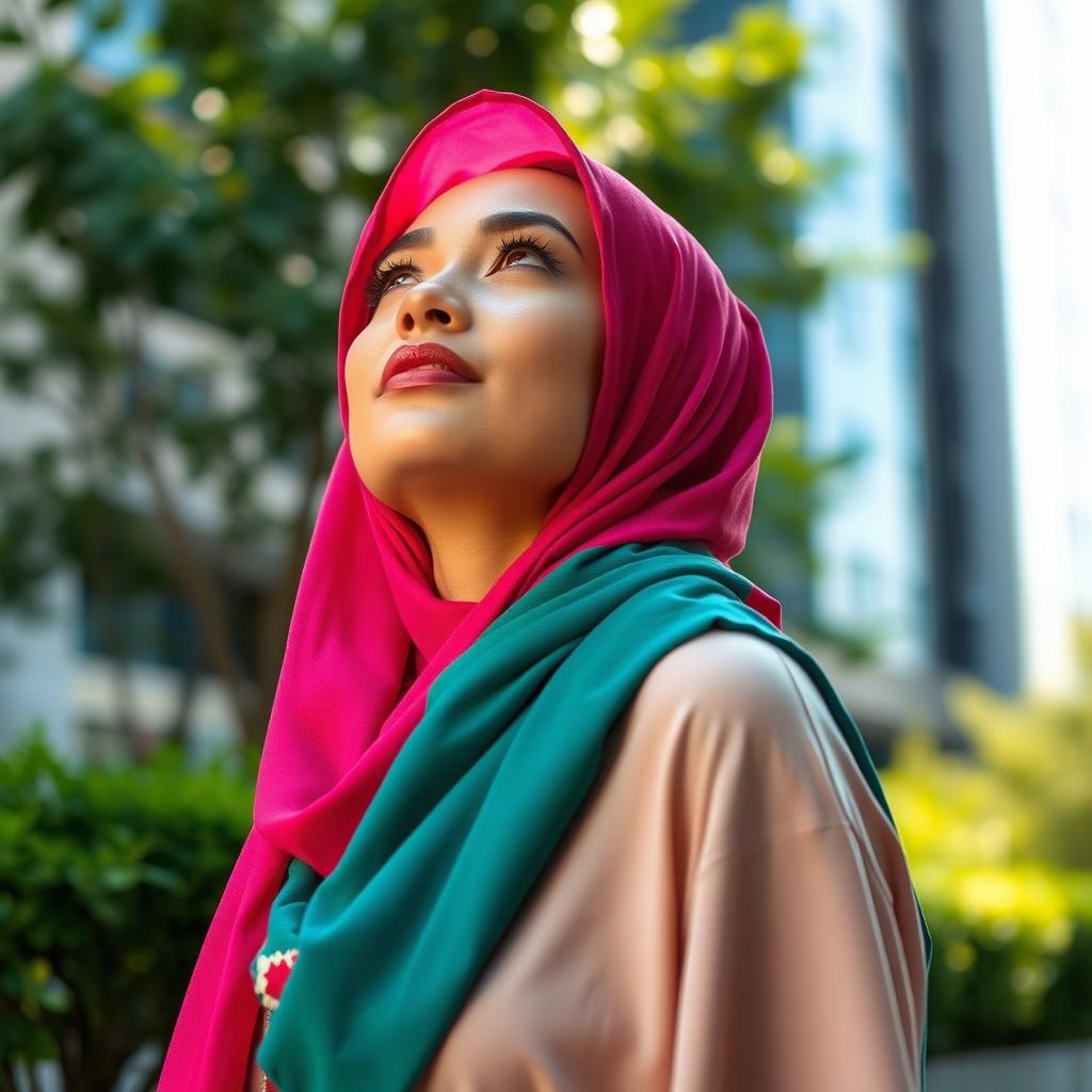 A stylish hijab-wearing woman looking upwards, showcasing her confidence and beauty