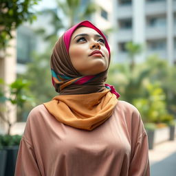 A stylish hijab-wearing woman looking upwards, showcasing her confidence and beauty