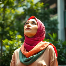 A stylish hijab-wearing woman looking upwards, showcasing her confidence and beauty