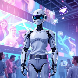 An illustration of a futuristic AI influencer standing in front of a sleek digital backdrop, featuring holographic displays and vibrant colors