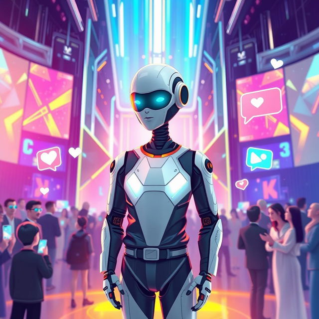 An illustration of a futuristic AI influencer standing in front of a sleek digital backdrop, featuring holographic displays and vibrant colors