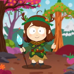 A depiction of a small girl character inspired by South Park, with brown hair styled in a playful manner