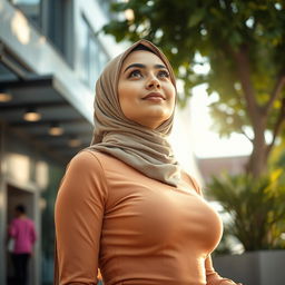 A young hijab-wearing woman looking up with confidence, capturing her vibrant personality