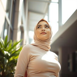 A young hijab-wearing woman looking up with confidence, capturing her vibrant personality