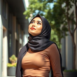 A young hijab-wearing woman looking up with confidence, capturing her vibrant personality