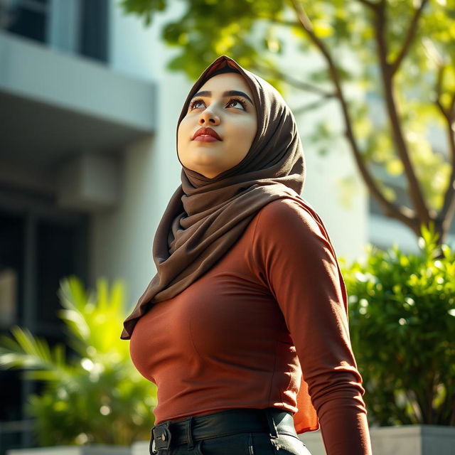 A young hijab-wearing woman looking up with confidence, capturing her vibrant personality