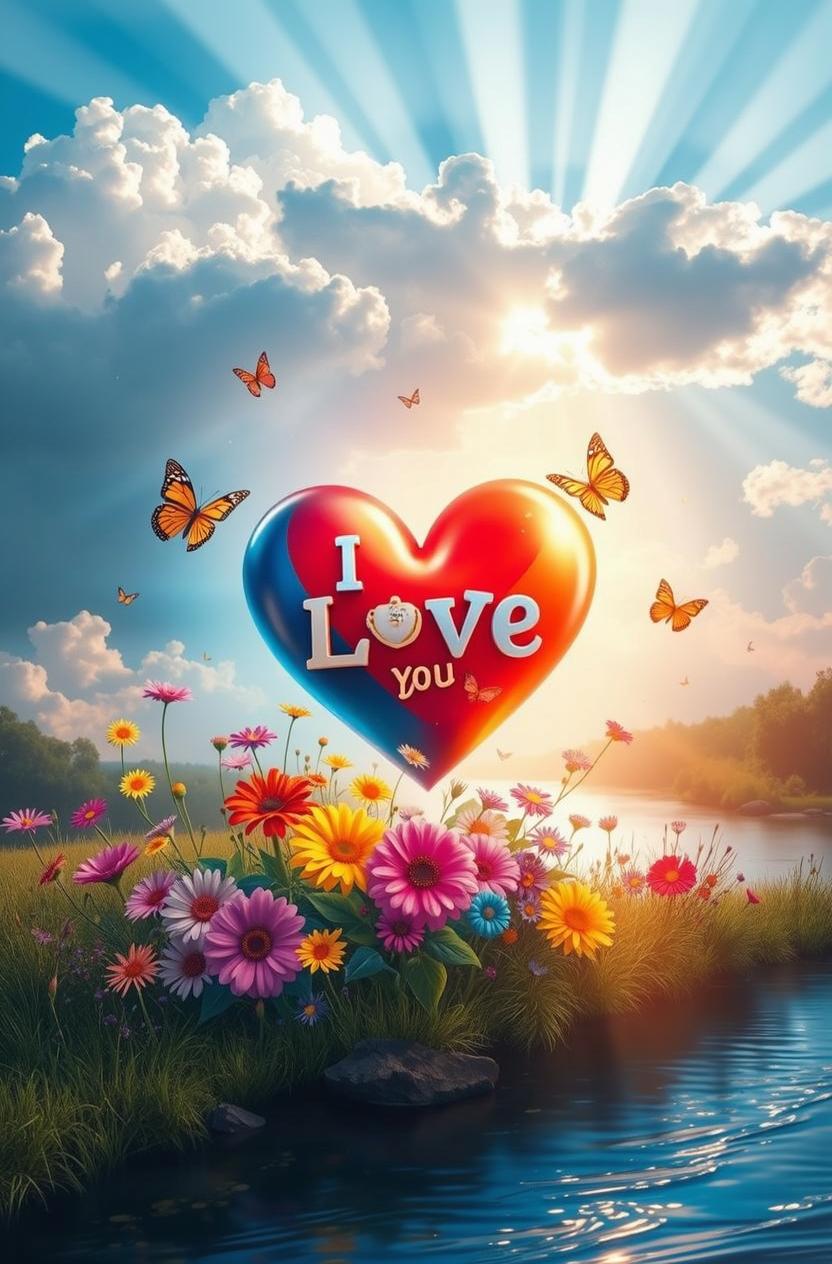 A vibrant scene depicting a large, glossy red heart with the word 'Love' elegantly written in white in the center