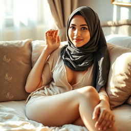 A young hijab-wearing woman lounging on a bed, exuding a relaxed yet stylish vibe