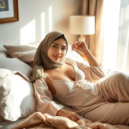 A young hijab-wearing woman lounging on a bed, exuding a relaxed yet stylish vibe
