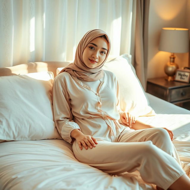 A young hijab-wearing woman lounging on a bed, exuding a relaxed yet stylish vibe