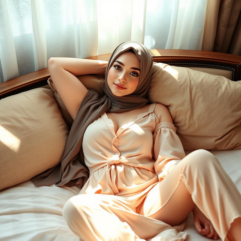 A young hijab-wearing woman lounging on a bed, exuding a relaxed yet stylish vibe