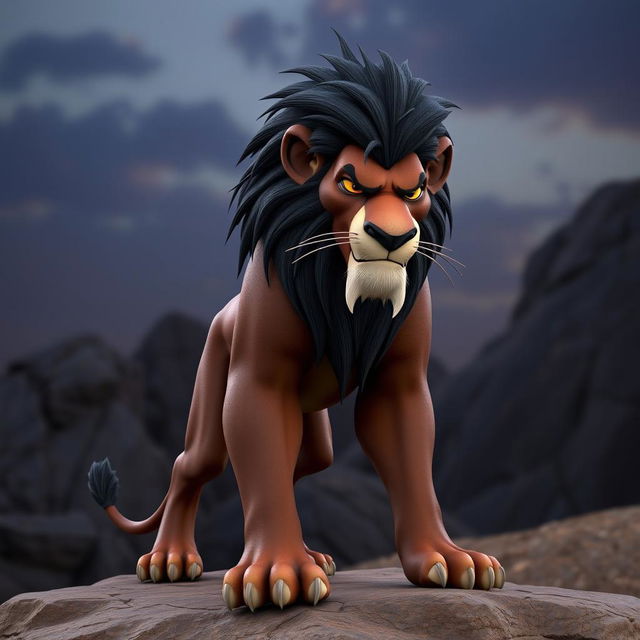 A detailed 3D model of Scar from The Lion King, featuring dark brown fur and a striking black mane