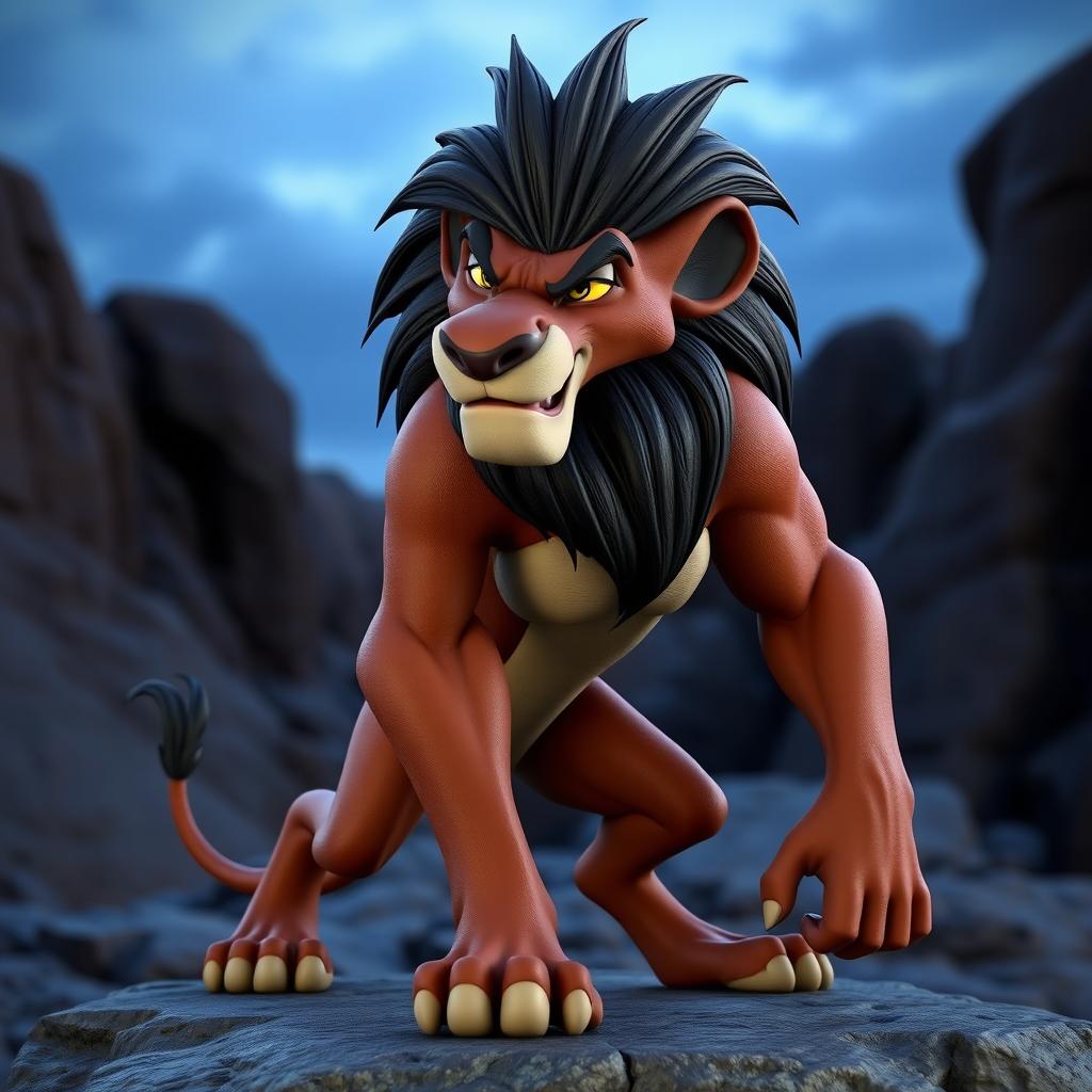 A detailed 3D model of Scar from The Lion King, featuring dark brown fur and a striking black mane