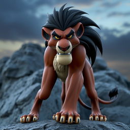 A detailed 3D model of Scar from The Lion King, featuring dark brown fur and a striking black mane