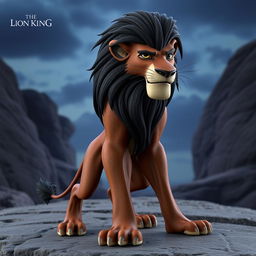 A detailed 3D model of Scar from The Lion King, featuring dark brown fur and a striking black mane