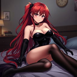 A sexy anime girl with long, flowing red hair and voluptuous curves, wearing a tight black latex bodysuit