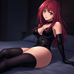 A sexy anime girl with long, flowing red hair and voluptuous curves, wearing a tight black latex bodysuit