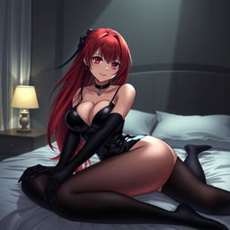 A sexy anime girl with long, flowing red hair and voluptuous curves, wearing a tight black latex bodysuit