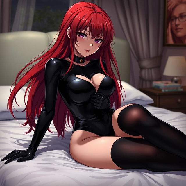 A sexy anime girl with long, flowing red hair and voluptuous curves, wearing a tight black latex bodysuit