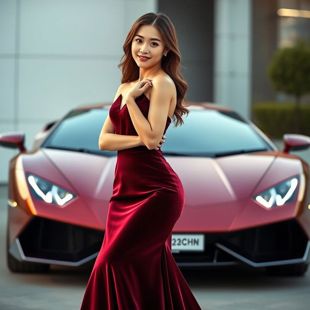 A beautiful Korean woman posing elegantly in a luxurious maroon gown, standing gracefully facing the camera with a soft smile, holding a Lamborghini