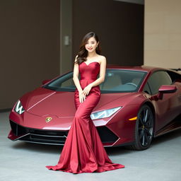 A beautiful Korean woman posing elegantly in a luxurious maroon gown, standing gracefully facing the camera with a soft smile, holding a Lamborghini