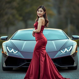 A beautiful Korean woman posing elegantly in a luxurious maroon gown, standing gracefully facing the camera with a soft smile, holding a Lamborghini