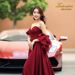 A beautiful Korean woman posing elegantly in a luxurious maroon gown, standing gracefully facing the camera with a soft smile, holding a Lamborghini