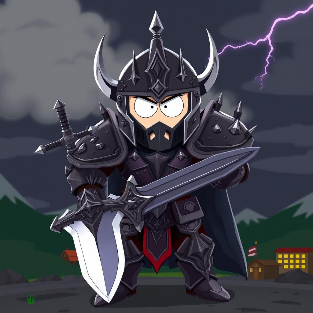 A striking portrayal of a fully armored evil paladin character inspired by South Park