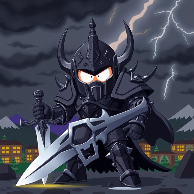 A striking portrayal of a fully armored evil paladin character inspired by South Park