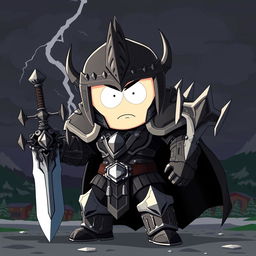 A striking portrayal of a fully armored evil paladin character inspired by South Park
