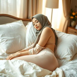 A young hijab-wearing woman peacefully sleeping on a bed, dressed in a delicate, thin pajama set that highlights her graceful curves