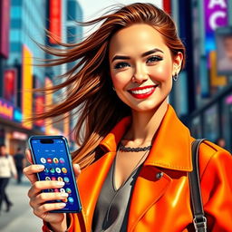 A realistic, stylish young woman acting as an AI influencer, confidently posing in a trendy urban setting, with a vibrant cityscape in the background