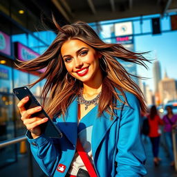 A realistic, stylish young woman acting as an AI influencer, confidently posing in a trendy urban setting, with a vibrant cityscape in the background