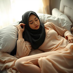 A young hijab-wearing woman peacefully sleeping on a bed, dressed in a delicate, thin pajama set that elegantly accentuates her curves