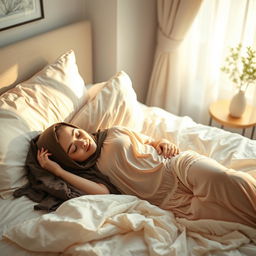 A young hijab-wearing woman peacefully sleeping on a bed, dressed in a delicate, thin pajama set that elegantly accentuates her curves