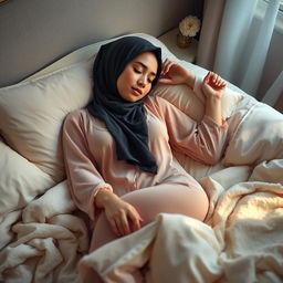 A young hijab-wearing woman peacefully sleeping on a bed, dressed in a delicate, thin pajama set that elegantly accentuates her curves