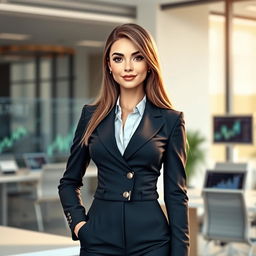 A realistic, young woman created as an AI character, designed to symbolize entrepreneurship and financial success