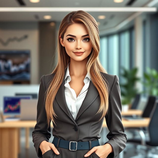 A realistic, young woman created as an AI character, designed to symbolize entrepreneurship and financial success