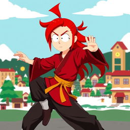 An engaging portrayal of a red-haired woman fighter inspired by South Park, depicted as a monk with an athletic and agile pose