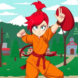 An engaging portrayal of a red-haired woman fighter inspired by South Park, depicted as a monk with an athletic and agile pose