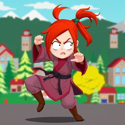 An engaging portrayal of a red-haired woman fighter inspired by South Park, depicted as a monk with an athletic and agile pose